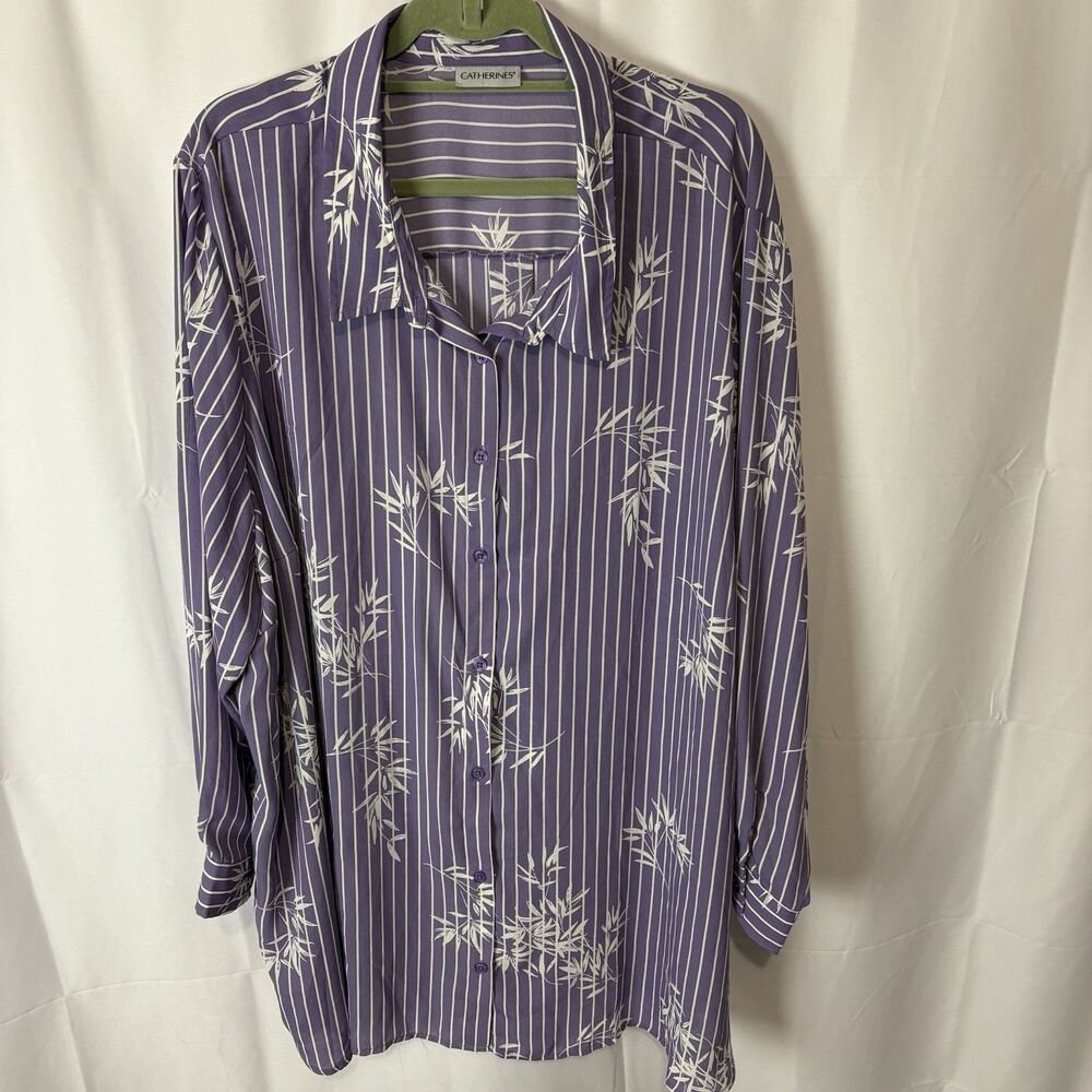 Catherines Shirt Wonens 3X Purple Striped Floral Button Down Shirt Semi Sheer